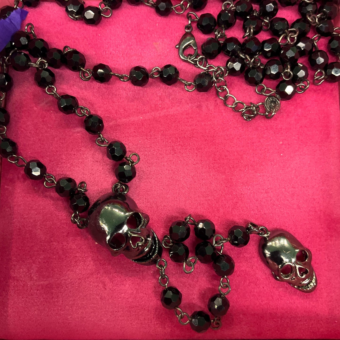 Vintage Butler and Wilson Long Dark Pewter Skull & Black Borealis Beaded ‘Y’ Drop Necklace