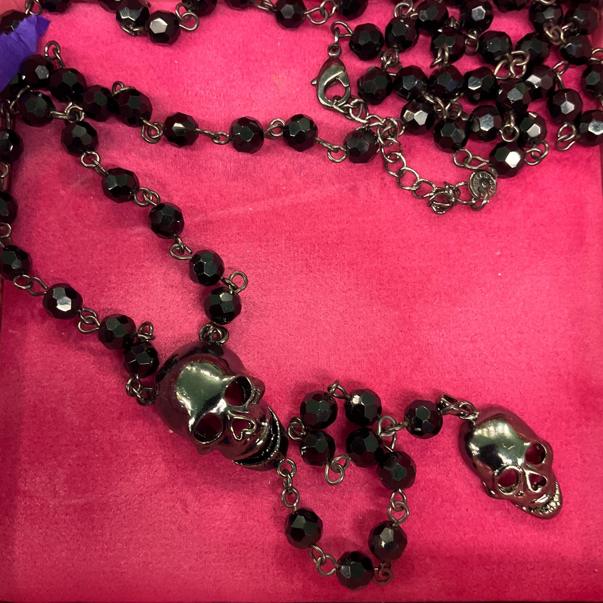 Vintage Butler and Wilson Long Dark Pewter Skull & Black Borealis Beaded ‘Y’ Drop Necklace
