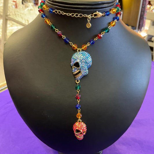 Vintage Butler and Wilson Rainbow Crystal Skull Long ‘Y’ Drop Beaded Neclace, Rainbow Crystal Beads and rhinestones