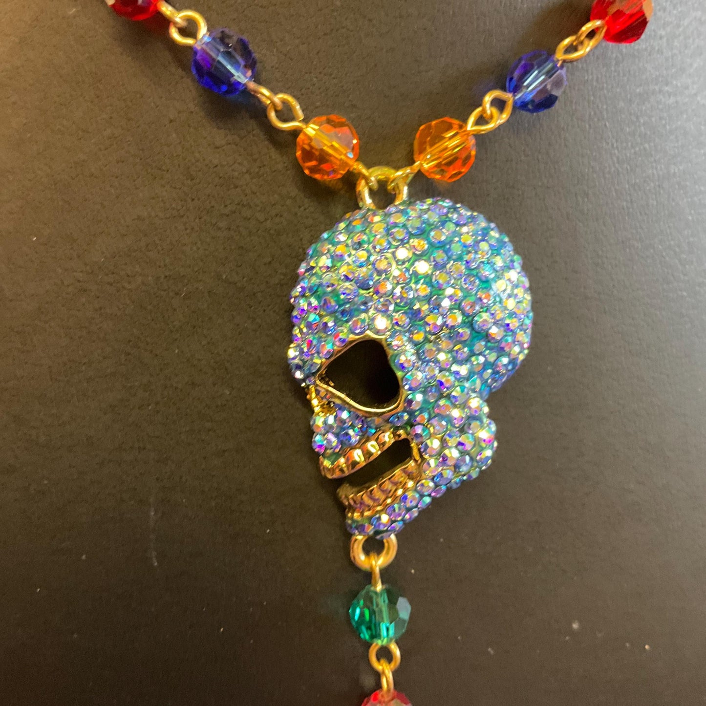 Vintage Butler and Wilson Rainbow Crystal Skull Long ‘Y’ Drop Beaded Neclace, Rainbow Crystal Beads and rhinestones
