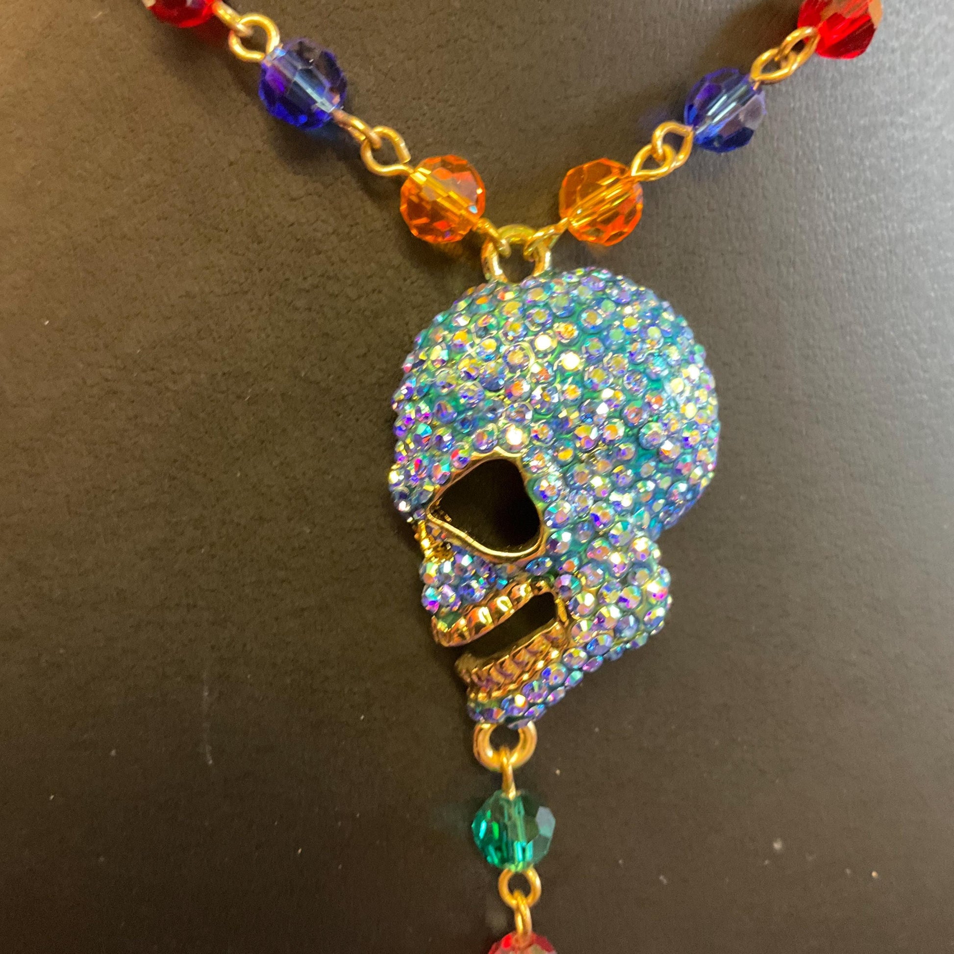 Vintage Butler and Wilson Rainbow Crystal Skull Long ‘Y’ Drop Beaded Neclace, Rainbow Crystal Beads and rhinestones