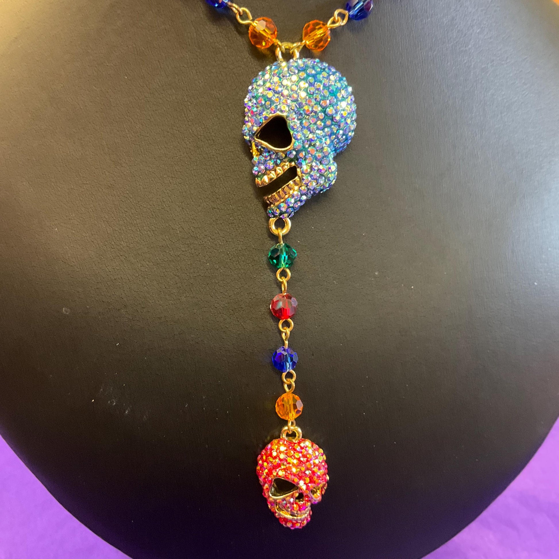Vintage Butler and Wilson Rainbow Crystal Skull Long ‘Y’ Drop Beaded Neclace, Rainbow Crystal Beads and rhinestones