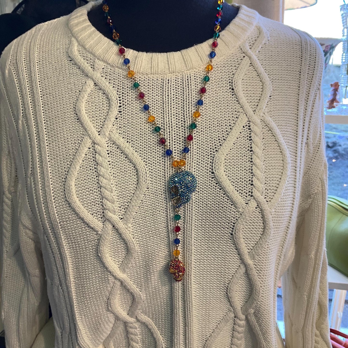 Vintage Butler and Wilson Rainbow Crystal Skull Long ‘Y’ Drop Beaded Neclace, Rainbow Crystal Beads and rhinestones