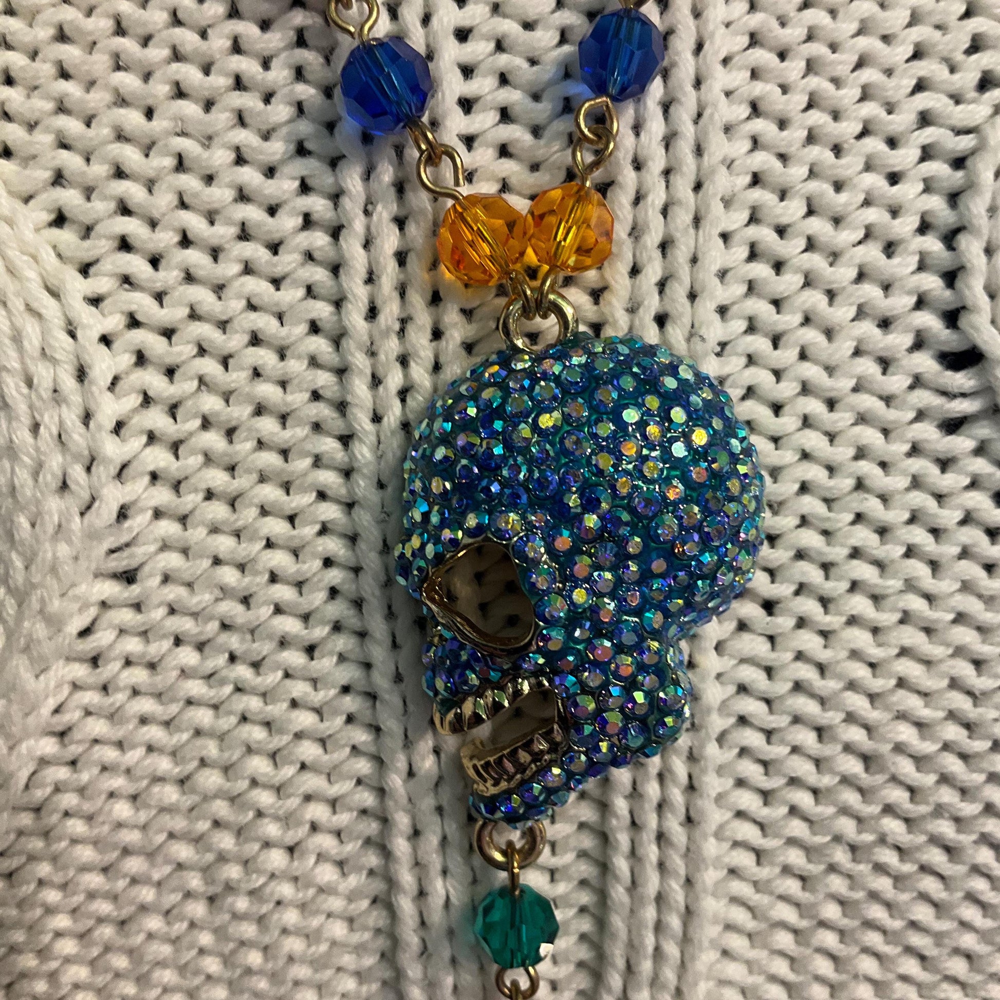 Vintage Butler and Wilson Rainbow Crystal Skull Long ‘Y’ Drop Beaded Neclace, Rainbow Crystal Beads and rhinestones