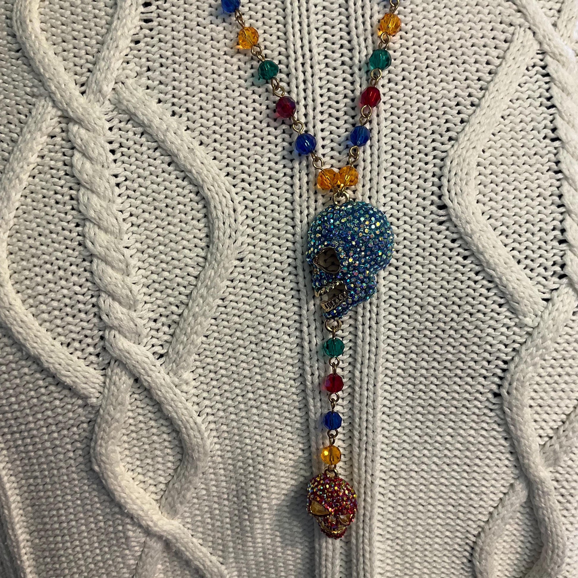 Vintage Butler and Wilson Rainbow Crystal Skull Long ‘Y’ Drop Beaded Neclace, Rainbow Crystal Beads and rhinestones