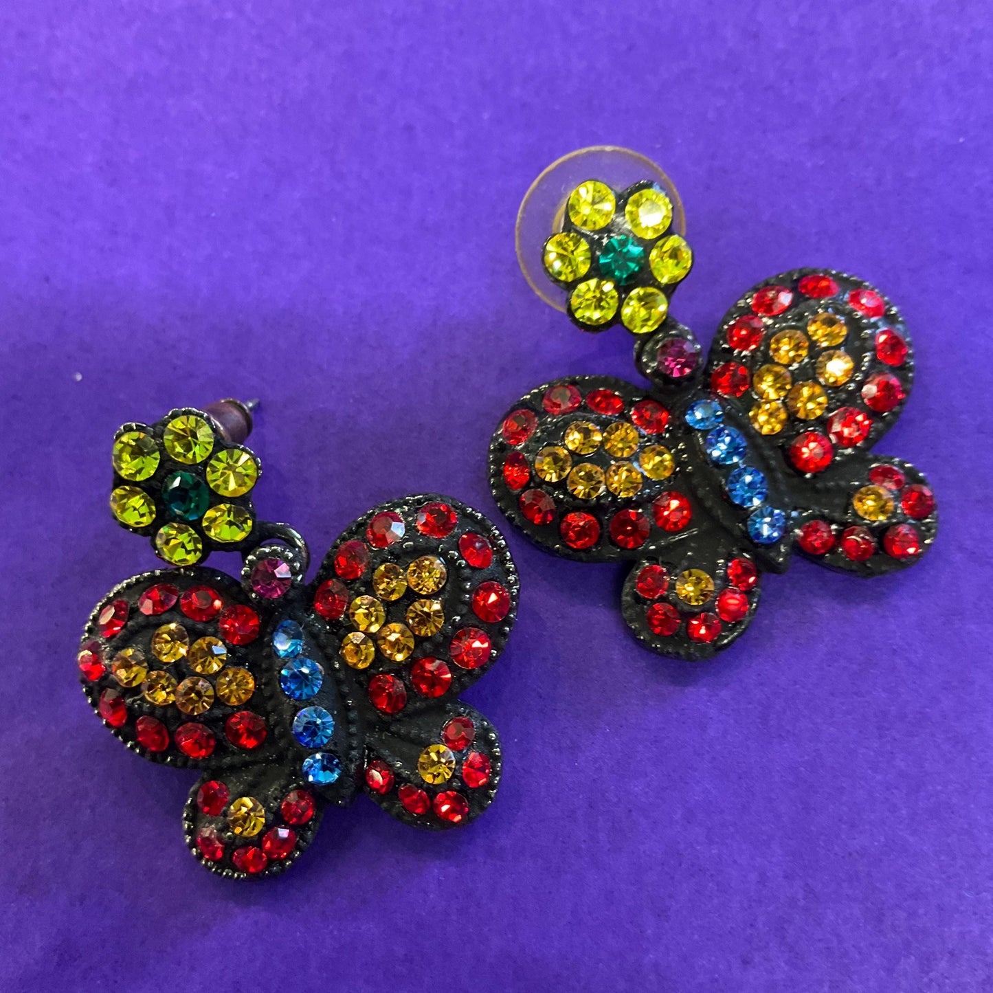 Vintage Butler and Wilson Bohemian Butterfly Rainbow Crystal Earrings, Black coated metal with vibrant coloured rhinestones