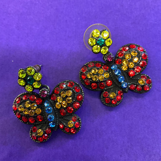Vintage Butler and Wilson Bohemian Butterfly Rainbow Crystal Earrings, Black coated metal with vibrant coloured rhinestones