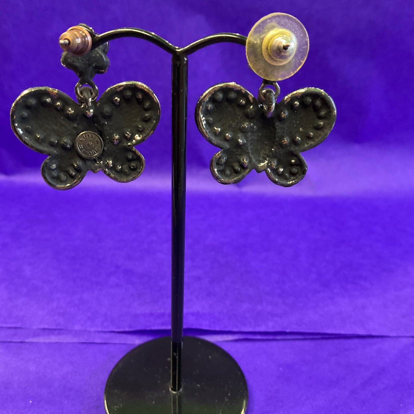 Vintage Butler and Wilson Bohemian Butterfly Rainbow Crystal Earrings, Black coated metal with vibrant coloured rhinestones