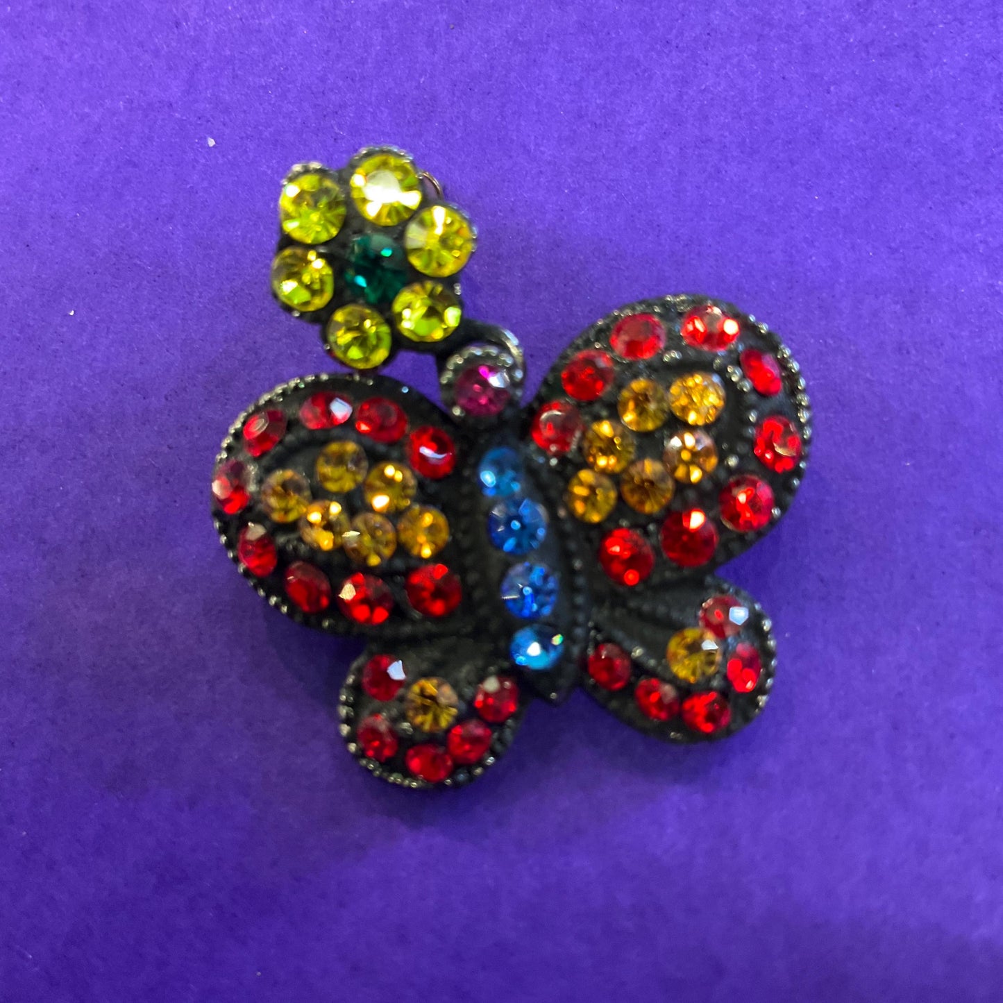 Vintage Butler and Wilson Bohemian Butterfly Rainbow Crystal Earrings, Black coated metal with vibrant coloured rhinestones