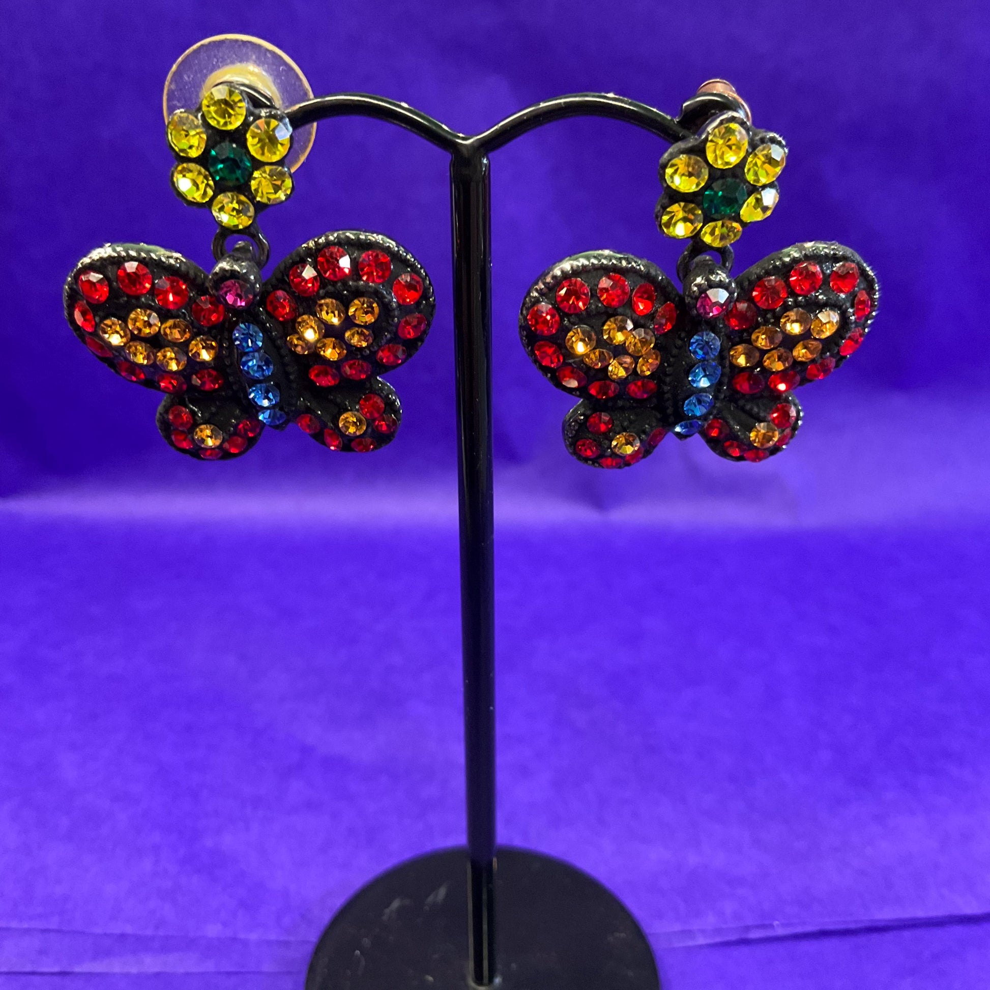 Vintage Butler and Wilson Bohemian Butterfly Rainbow Crystal Earrings, Black coated metal with vibrant coloured rhinestones