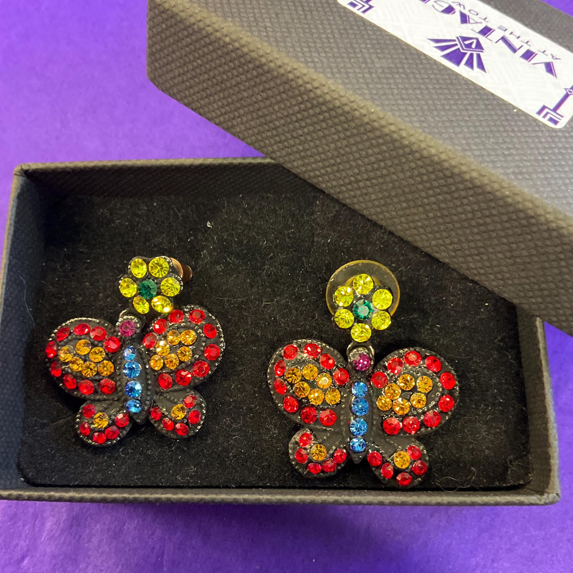 Vintage Butler and Wilson Bohemian Butterfly Rainbow Crystal Earrings, Black coated metal with vibrant coloured rhinestones