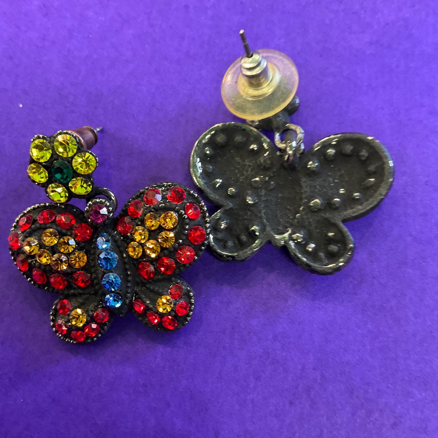 Vintage Butler and Wilson Bohemian Butterfly Rainbow Crystal Earrings, Black coated metal with vibrant coloured rhinestones