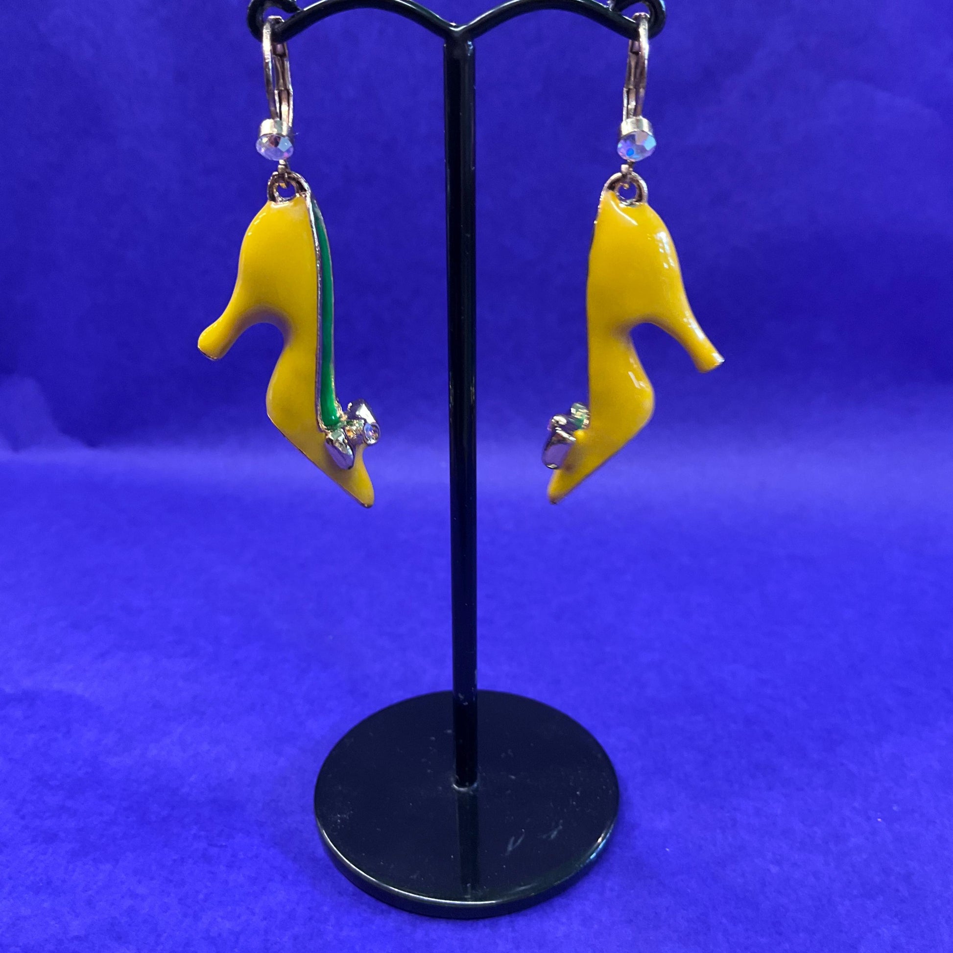 Vintage Butler and Wilson Disney Princess Yellow Shoe Drop Earrings, Gold tone with Enamel and Aurora Borealis rhinestones
