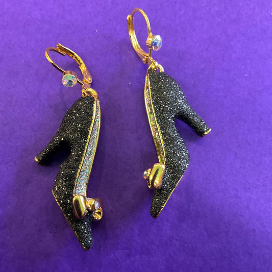 Vintage Butler and Wilson BlacK Crystal Glitter Disney Princess Shoe Drop Earrings, Gold tone with Enamel and Aurora Borealis rhinestones