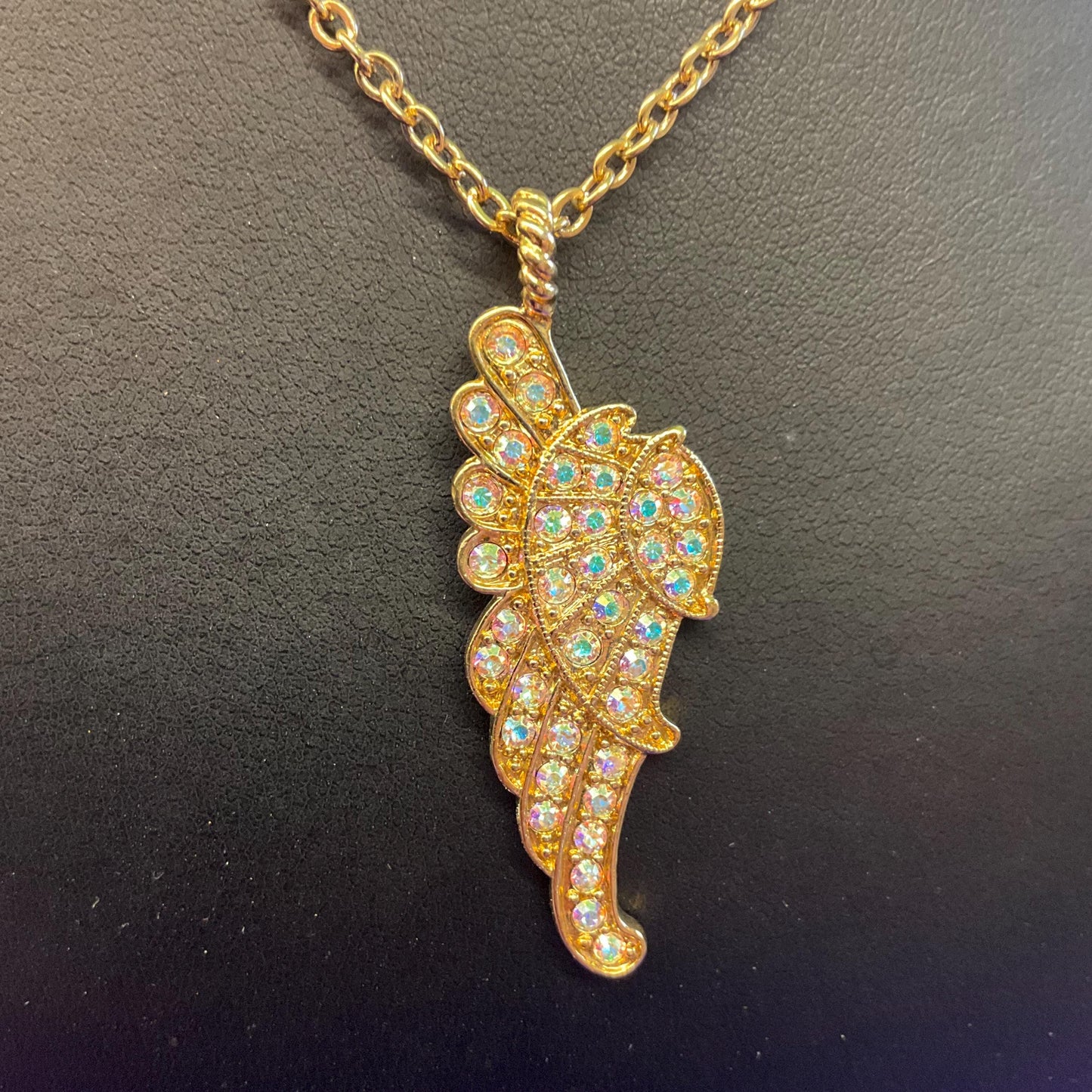 Vintage Kirk’s Folly ‘ Fly Home Angel’ Crystal Angel Wing Pendant, Gold tone with Borealis crystals