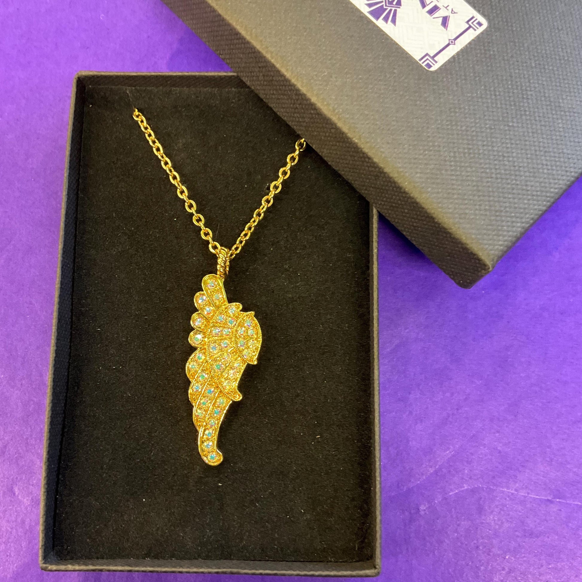 Vintage Kirk’s Folly ‘ Fly Home Angel’ Crystal Angel Wing Pendant, Gold tone with Borealis crystals