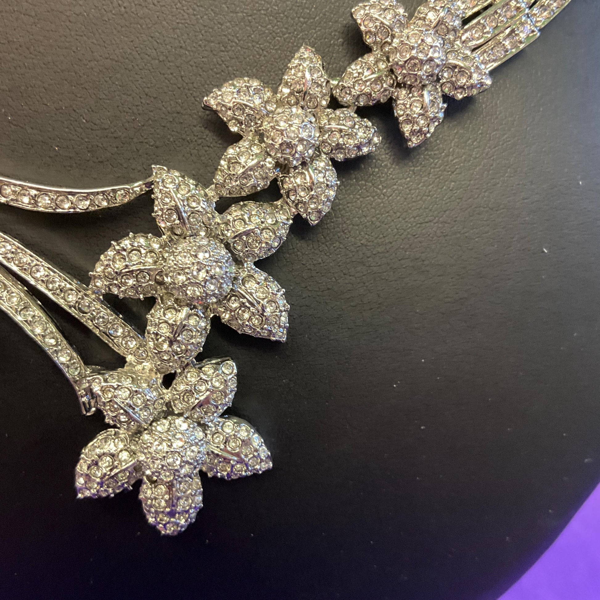 Vintage Butler and Wilson Statement Crystal Floral Collar Necklace, Silver tone with rhinestone crystals