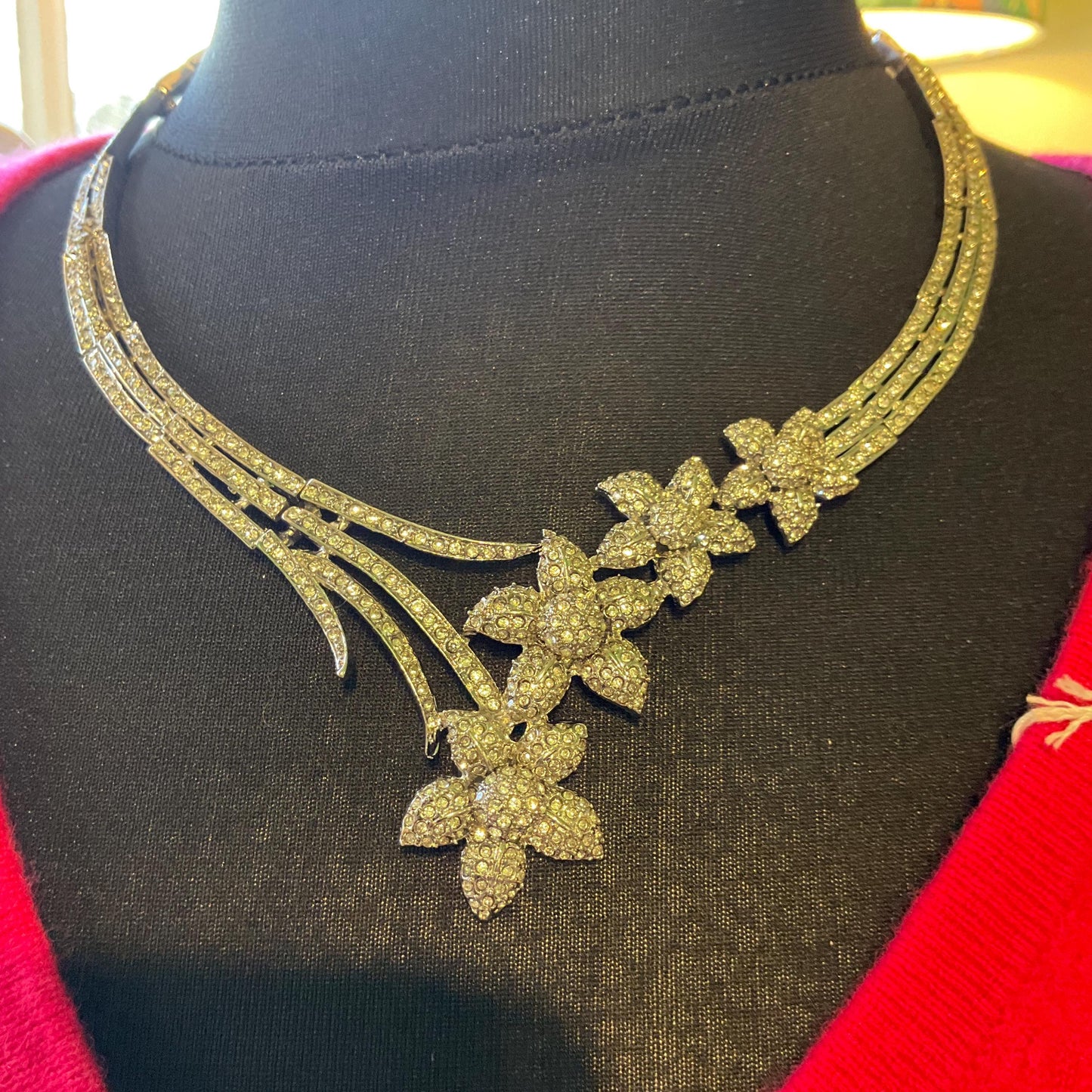 Vintage Butler and Wilson Statement Crystal Floral Collar Necklace, Silver tone with rhinestone crystals