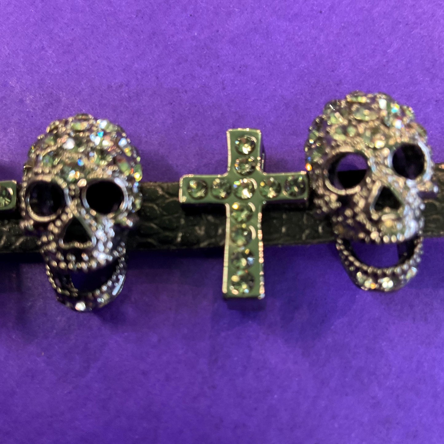 Vintage Butler and Wilson Black Leather and Crystal Cross and Skull bracelet, dark pewter rhinestones