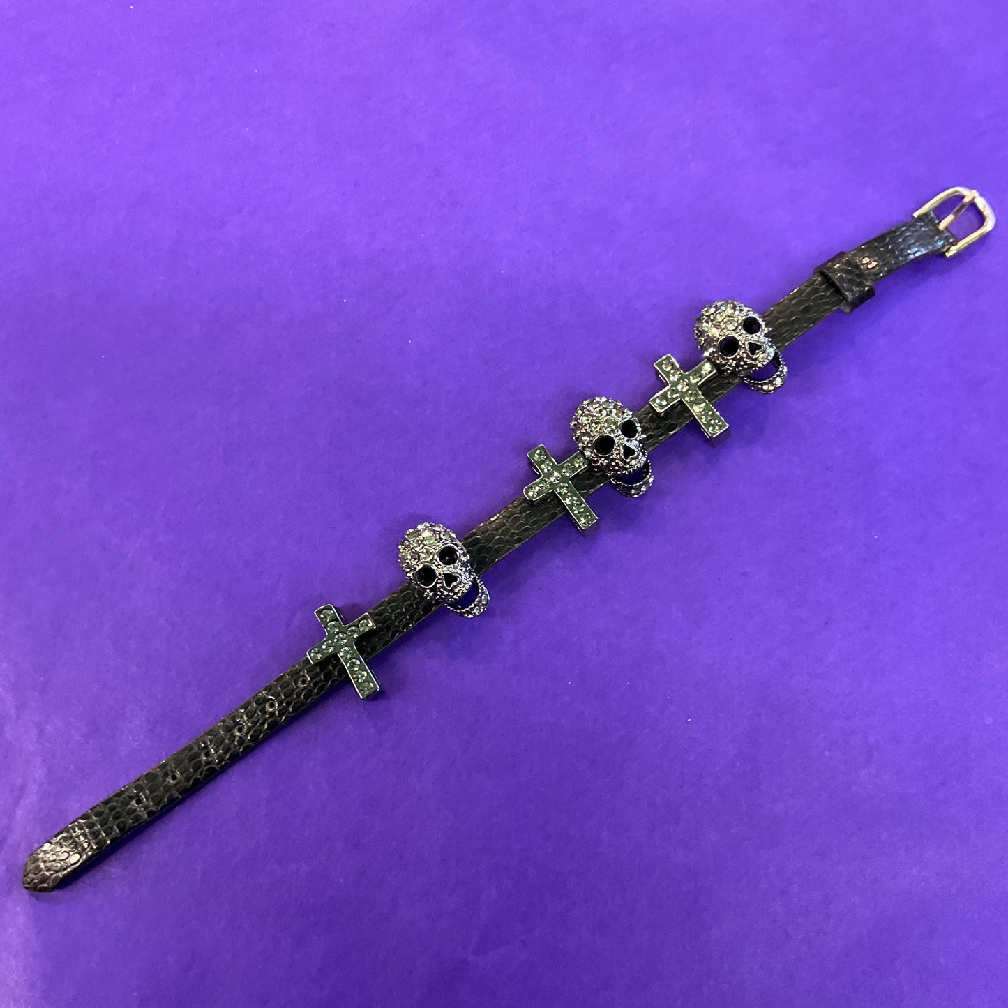 Vintage Butler and Wilson Black Leather and Crystal Cross and Skull bracelet, dark pewter rhinestones