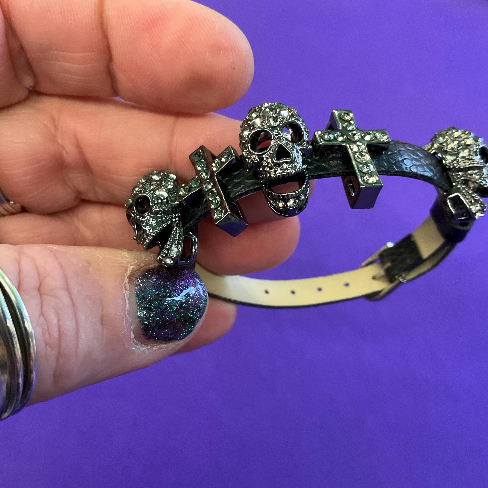 Vintage Butler and Wilson Black Leather and Crystal Cross and Skull bracelet, dark pewter rhinestones