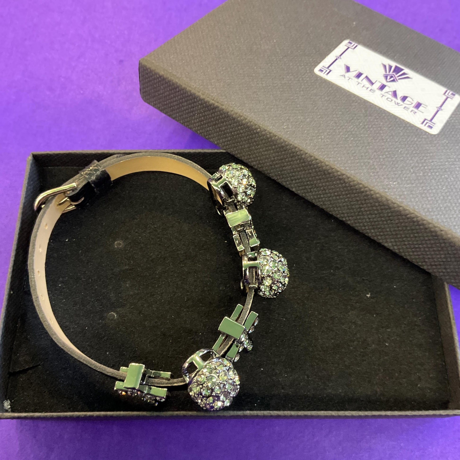 Vintage Butler and Wilson Black Leather and Crystal Cross and Skull bracelet, dark pewter rhinestones
