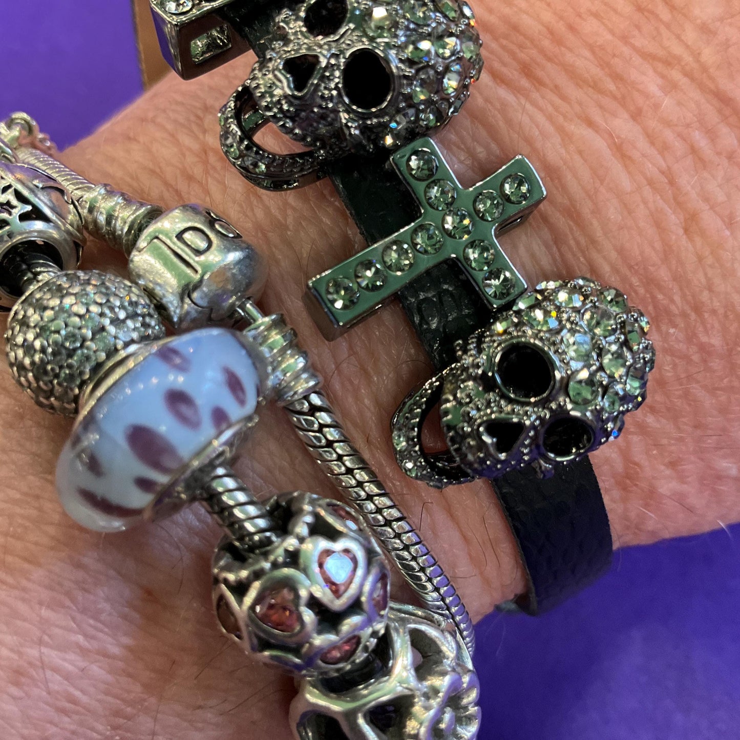 Vintage Butler and Wilson Black Leather and Crystal Cross and Skull bracelet, dark pewter rhinestones