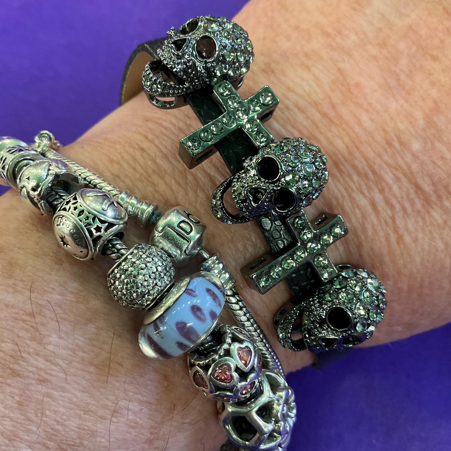 Vintage Butler and Wilson Black Leather and Crystal Cross and Skull bracelet, dark pewter rhinestones