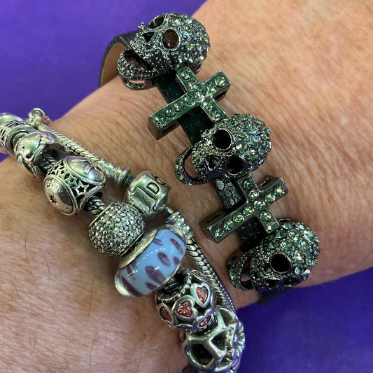 Vintage Butler and Wilson Black Leather and Crystal Cross and Skull bracelet, dark pewter rhinestones