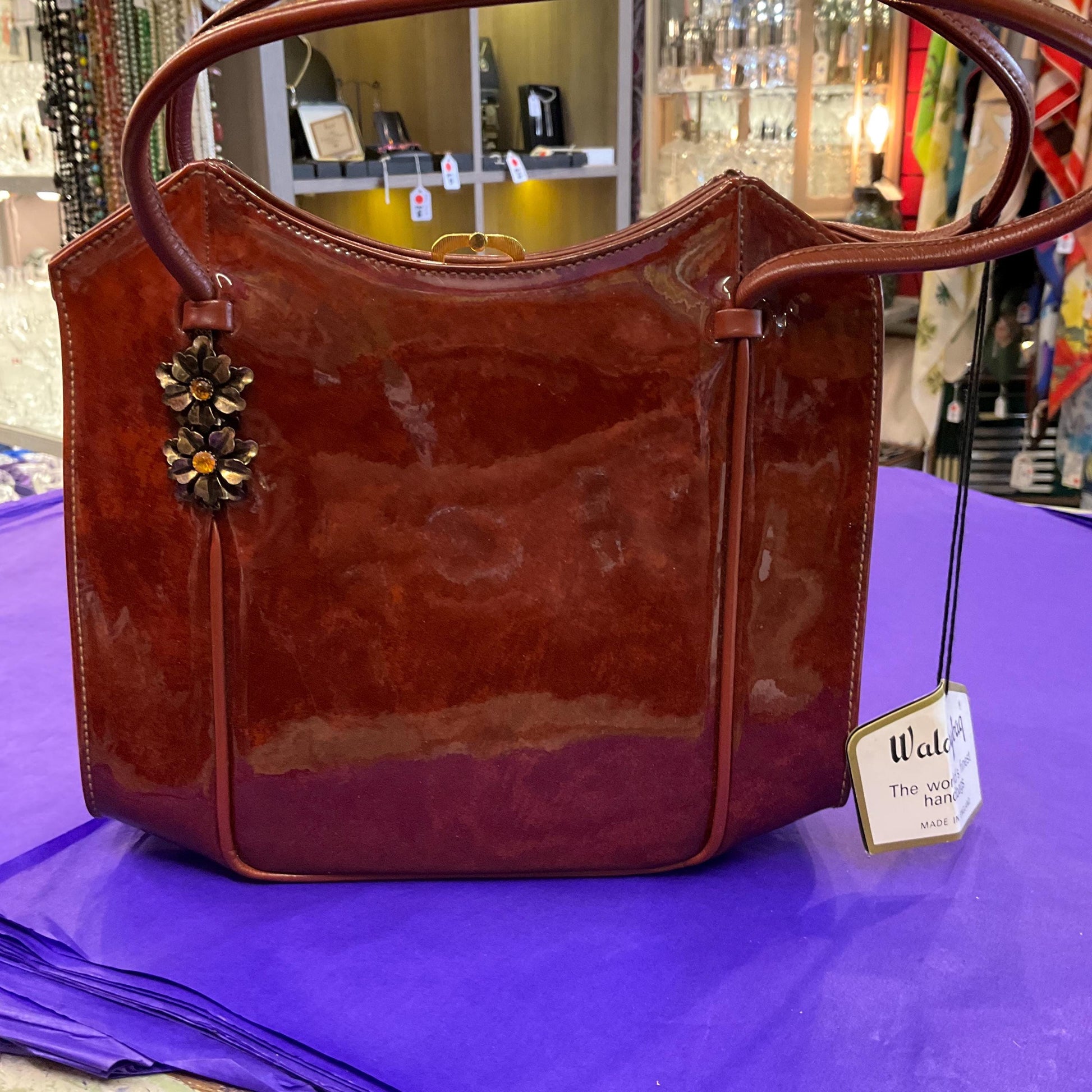 Original Vintage 1950s/60s WALDYBAG Brown Patent Leather Hand Bag, unused with original tags