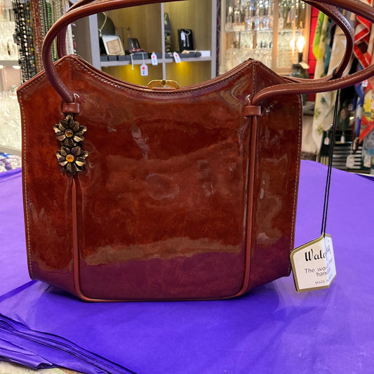 Original Vintage 1950s/60s WALDYBAG Brown Patent Leather Hand Bag, unused with original tags