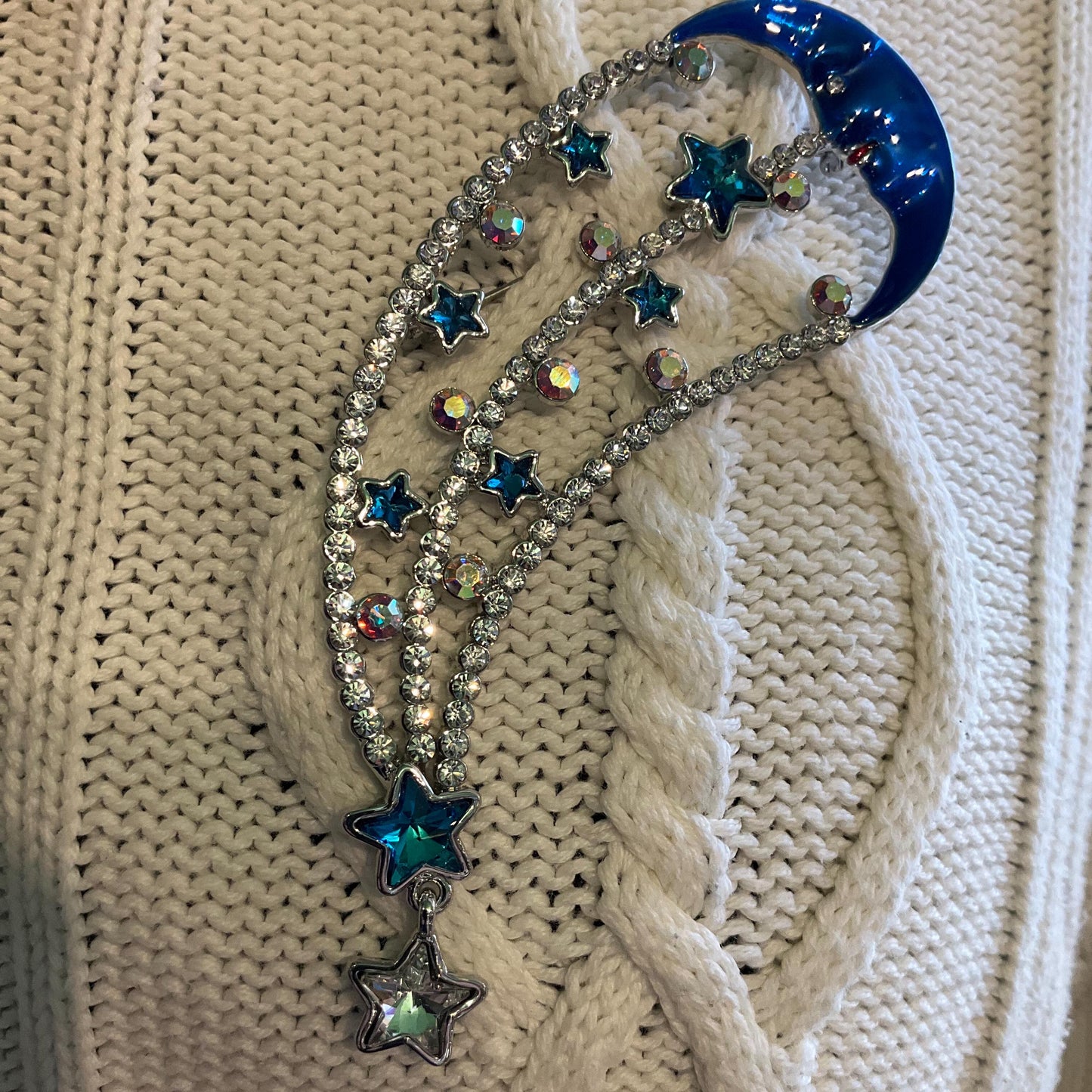 Vintage Butler and Wilson Blue and Silver Statement Moon and Stars Crystal Brooch, Blue Enamel, Turquoise Stars and Borealis rhinestones