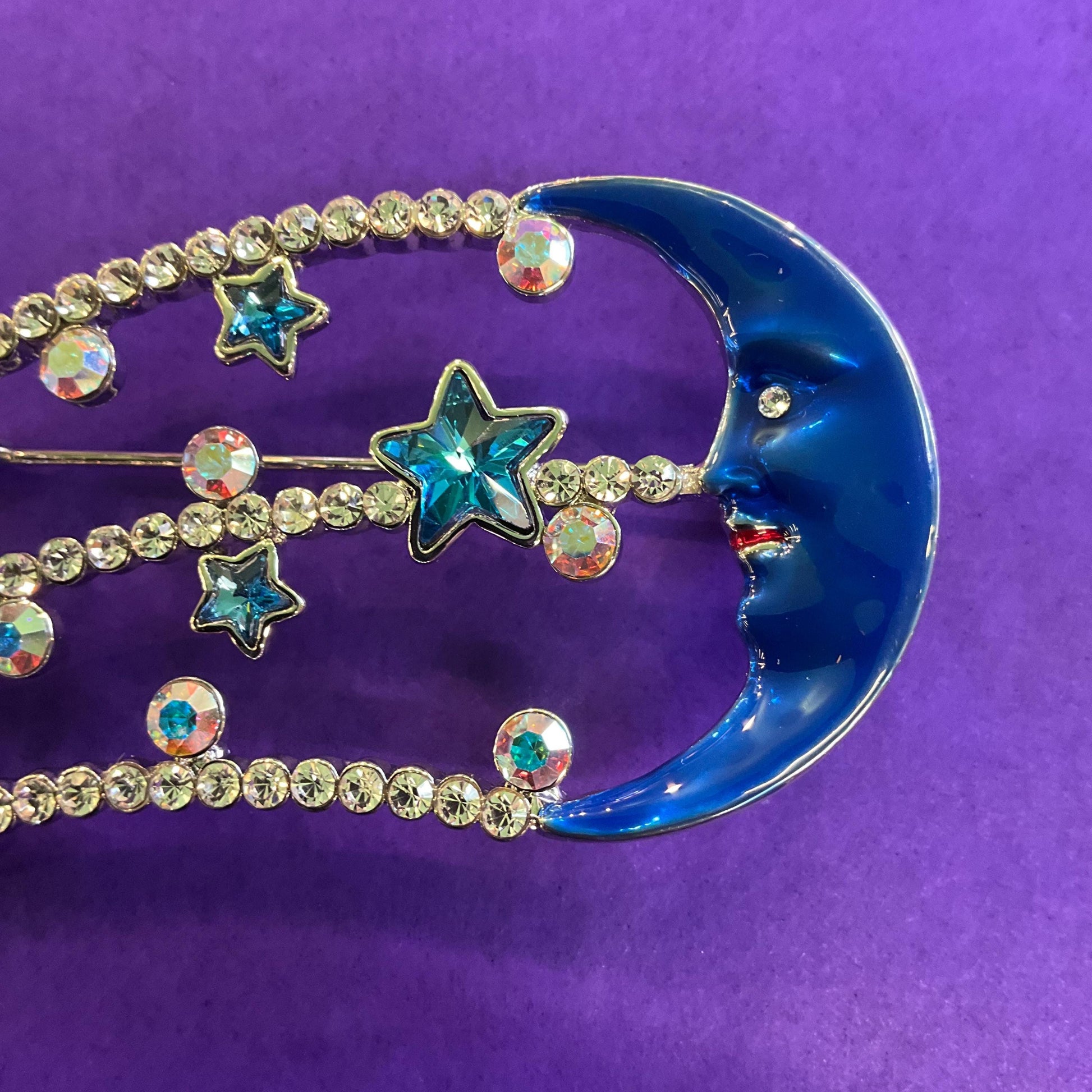 Vintage Butler and Wilson Blue and Silver Statement Moon and Stars Crystal Brooch, Blue Enamel, Turquoise Stars and Borealis rhinestones