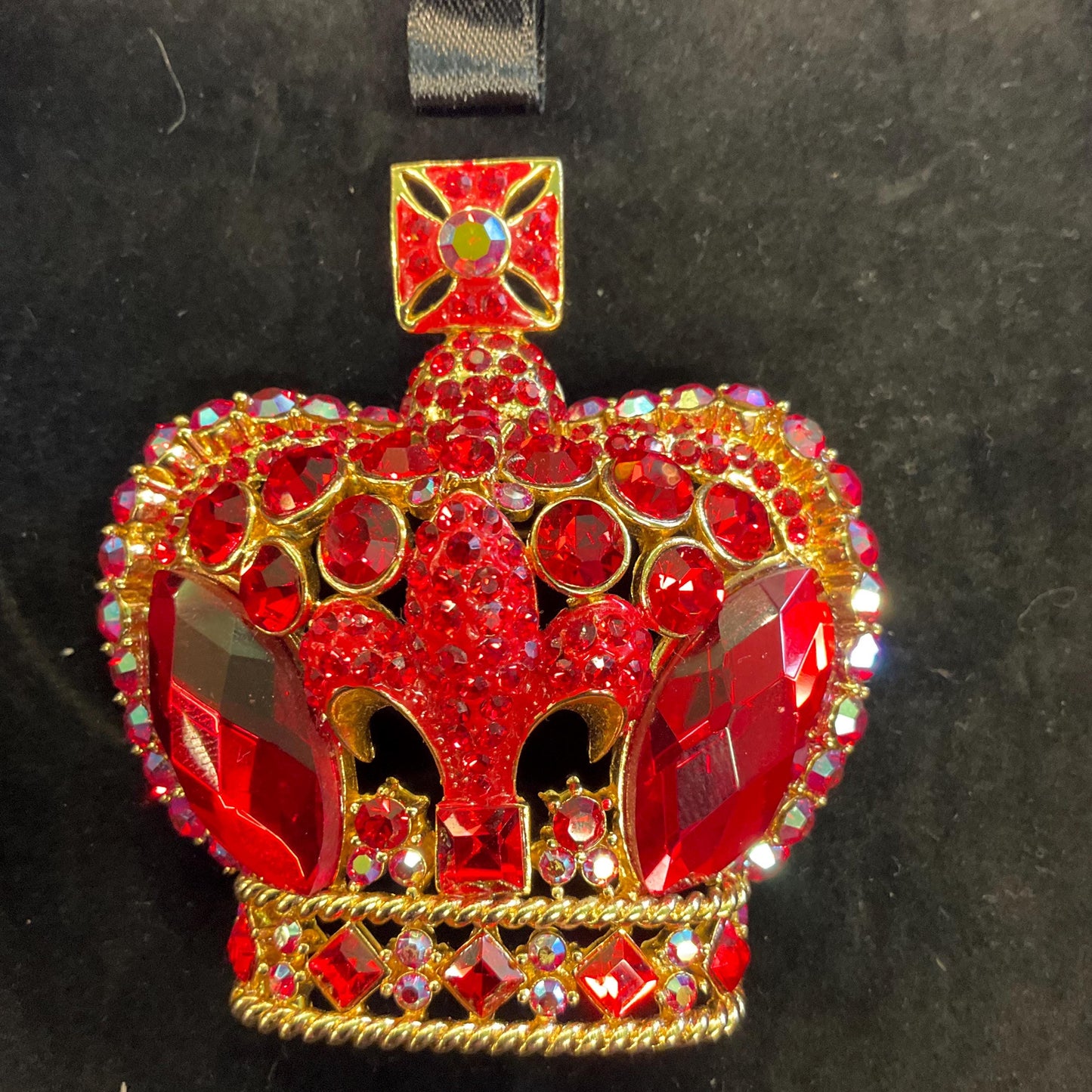Vintage Butler and Wilson Regal Red Crystal Crown Statement Brooch, Gold tone with red crystals and Borealis rhinestones
