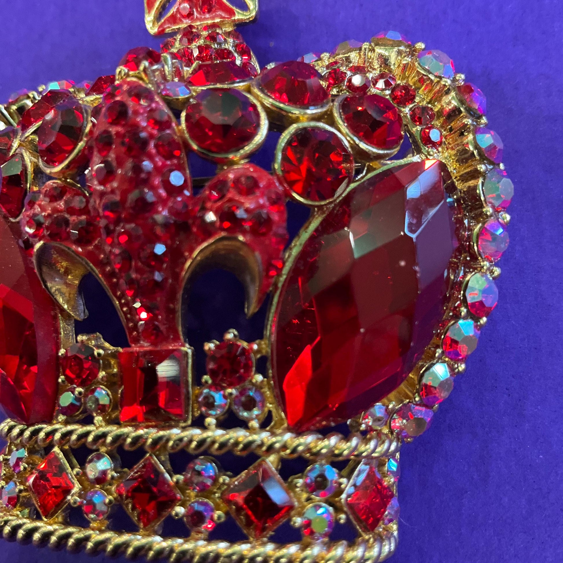 Vintage Butler and Wilson Regal Red Crystal Crown Statement Brooch, Gold tone with red crystals and Borealis rhinestones