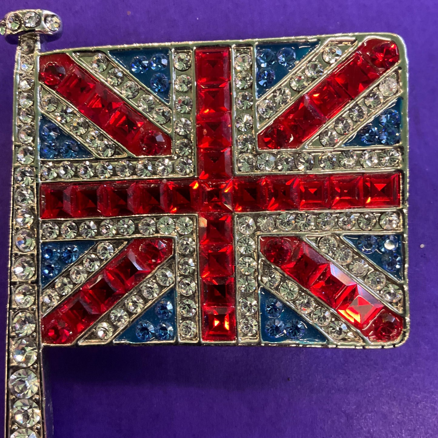 Vintage Butler and Wilson Large Union Jack Flag Crystal Broch, Silver tone with red, blue and silver rhinestones