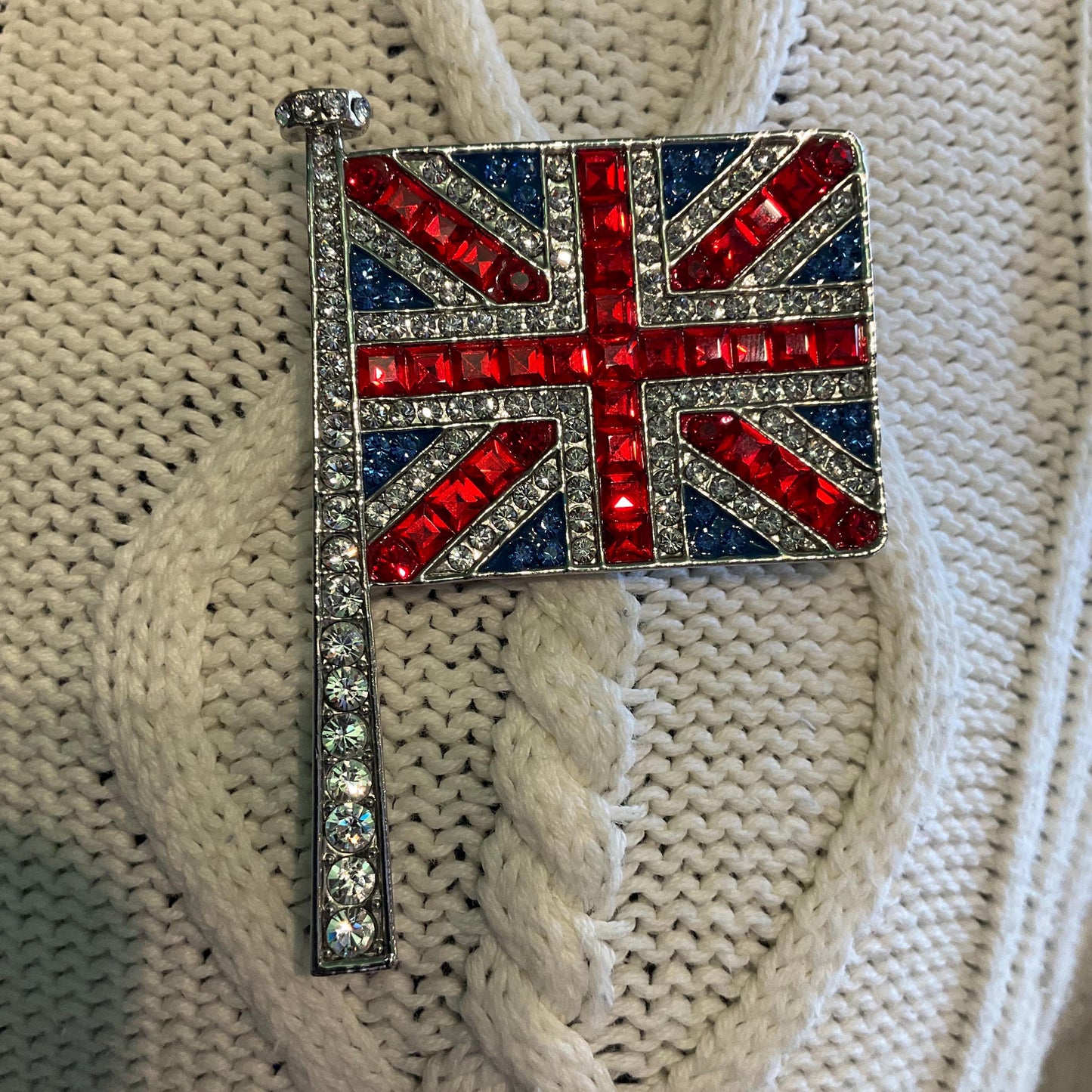 Vintage Butler and Wilson Large Union Jack Flag Crystal Broch, Silver tone with red, blue and silver rhinestones