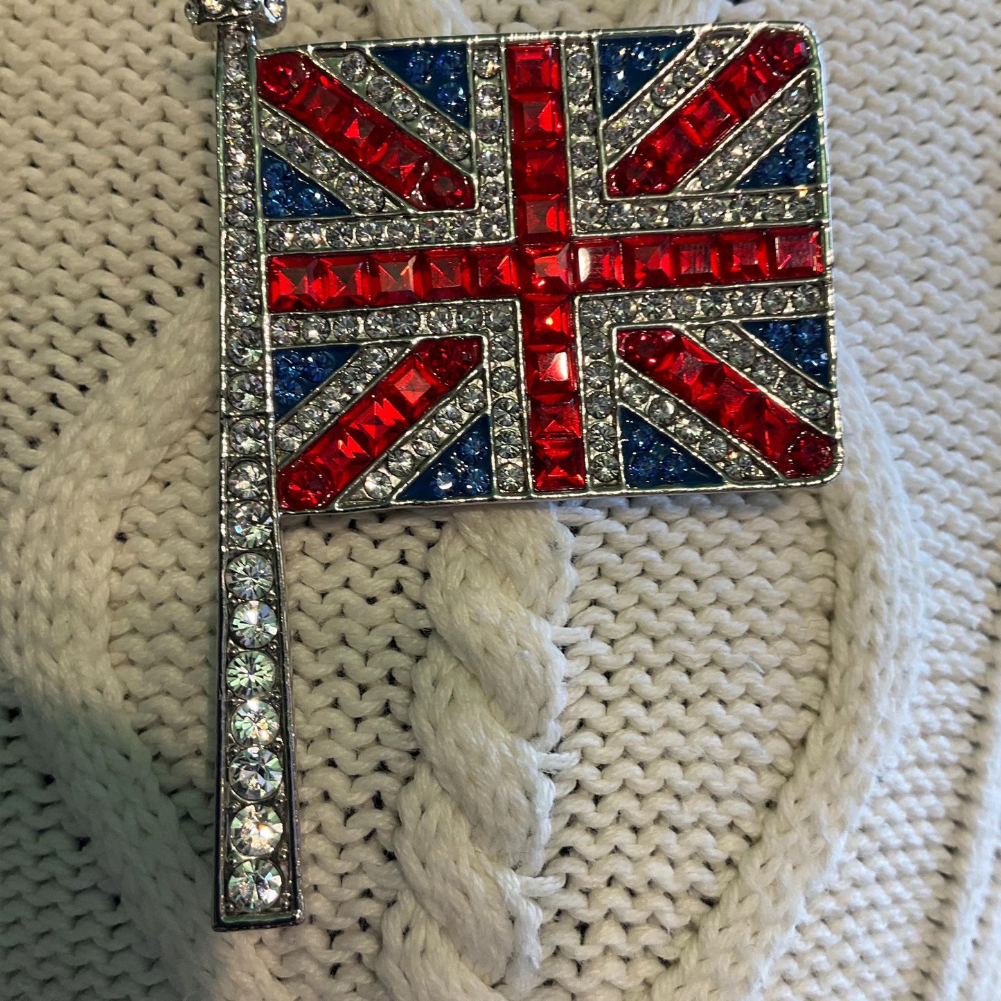 Vintage Butler and Wilson Large Union Jack Flag Crystal Broch, Silver tone with red, blue and silver rhinestones