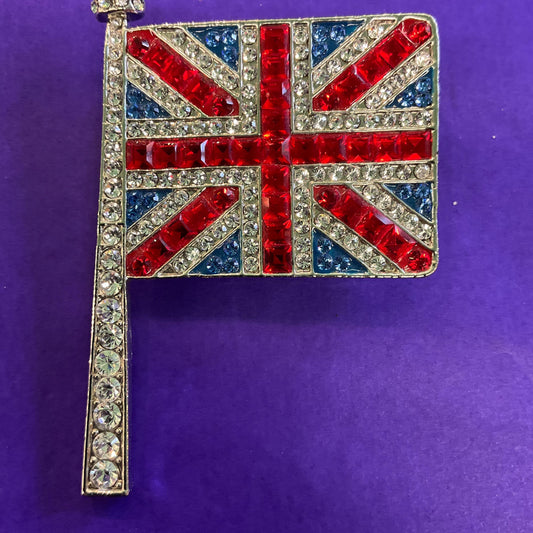 Vintage Butler and Wilson Large Union Jack Flag Crystal Broch, Silver tone with red, blue and silver rhinestones