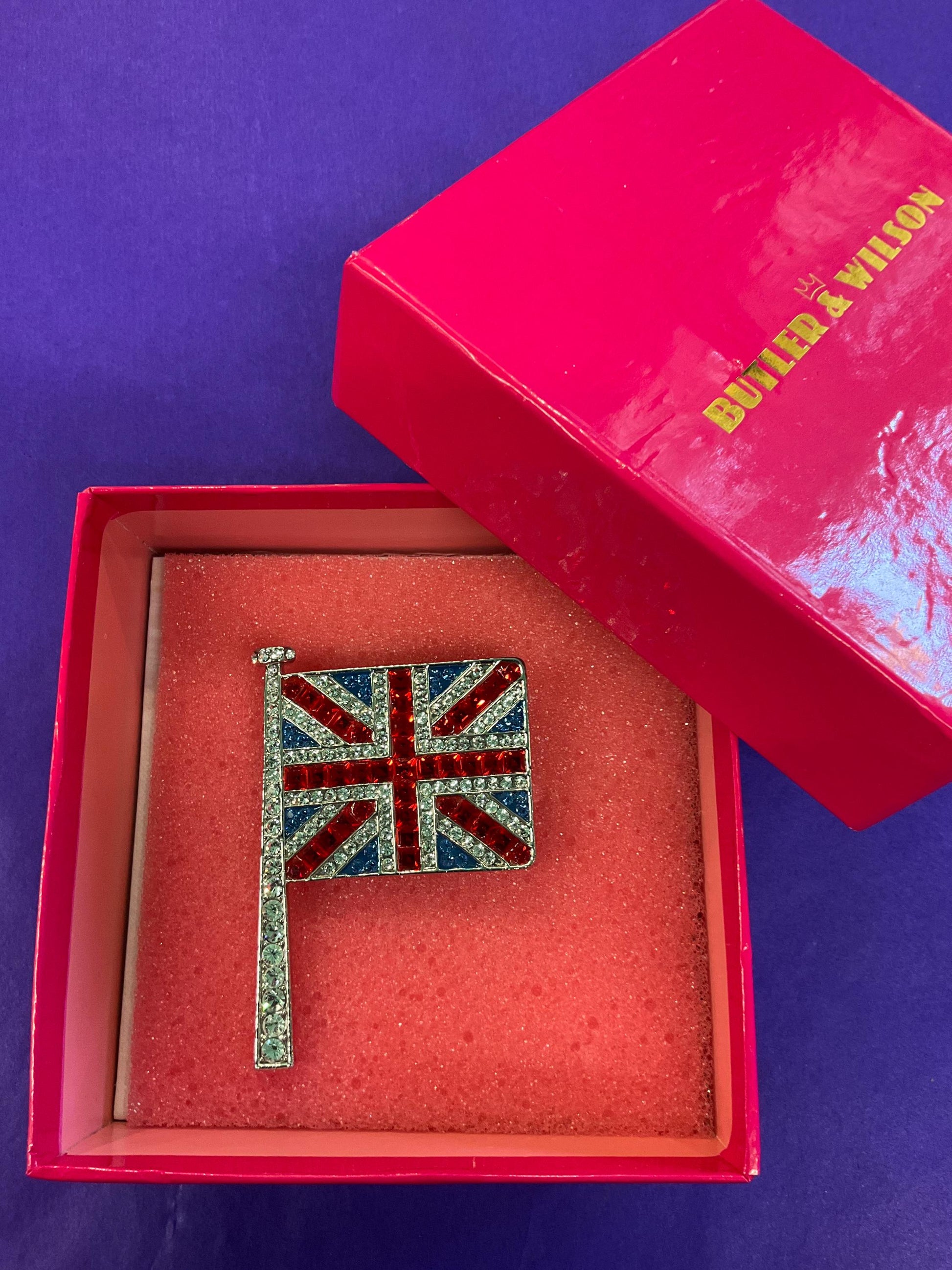 Vintage Butler and Wilson Large Union Jack Flag Crystal Broch, Silver tone with red, blue and silver rhinestones