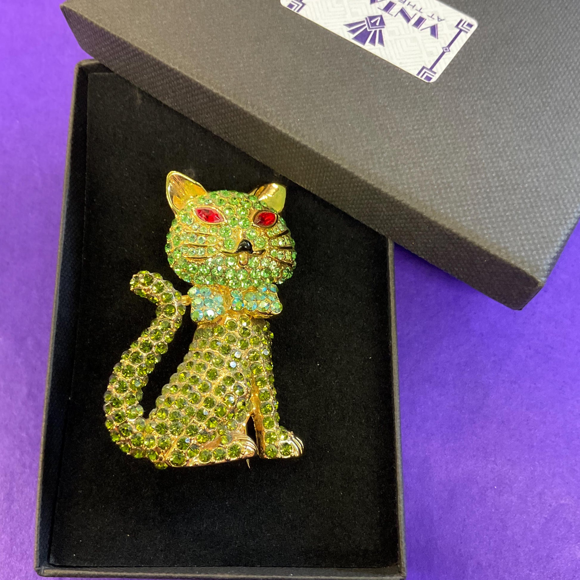 Vintage Butler and Wilson Large Green Crystal Cat Brooch, Gold Tone with Green ombré Rhinestones