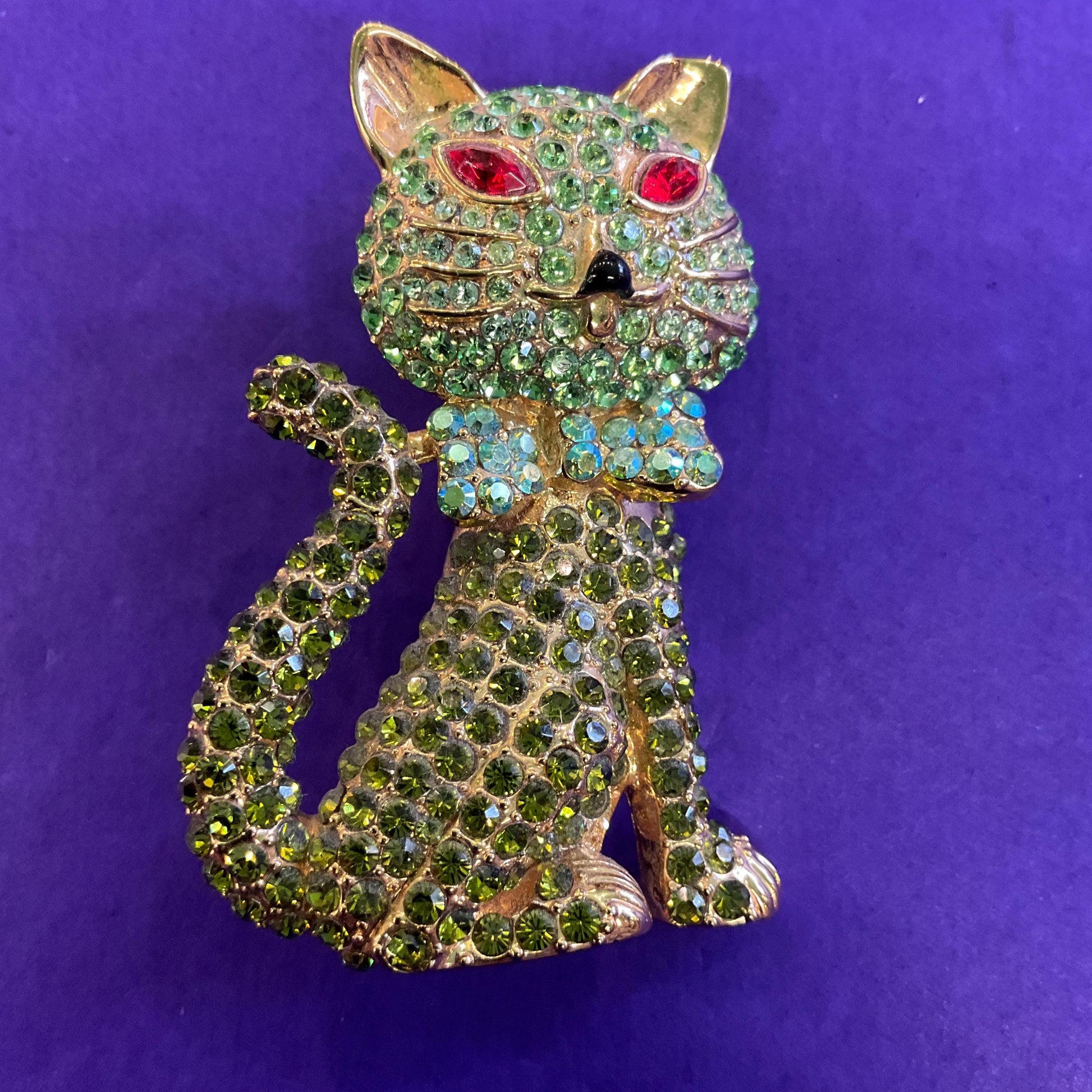 Vintage Butler and Wilson Large Green Crystal Cat Brooch, Gold Tone with Green ombré Rhinestones