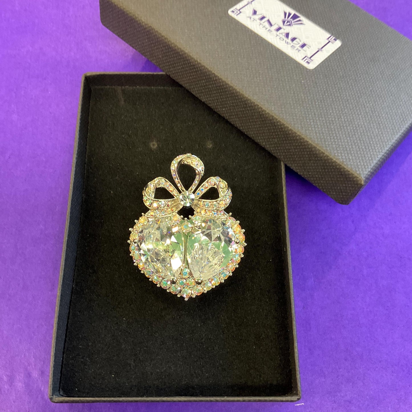 Vintage Butler and Wilson Large Crystal Heart and Bow Brooch , Silver tone with silver crystals and Aurora Borealis Rhinestones