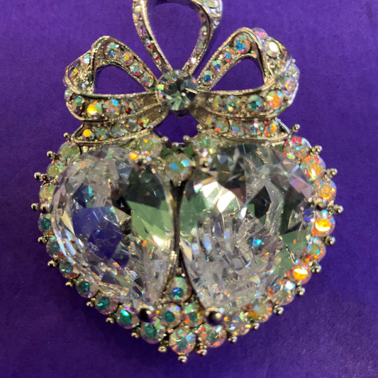 Vintage Butler and Wilson Large Crystal Heart and Bow Brooch , Silver tone with silver crystals and Aurora Borealis Rhinestones