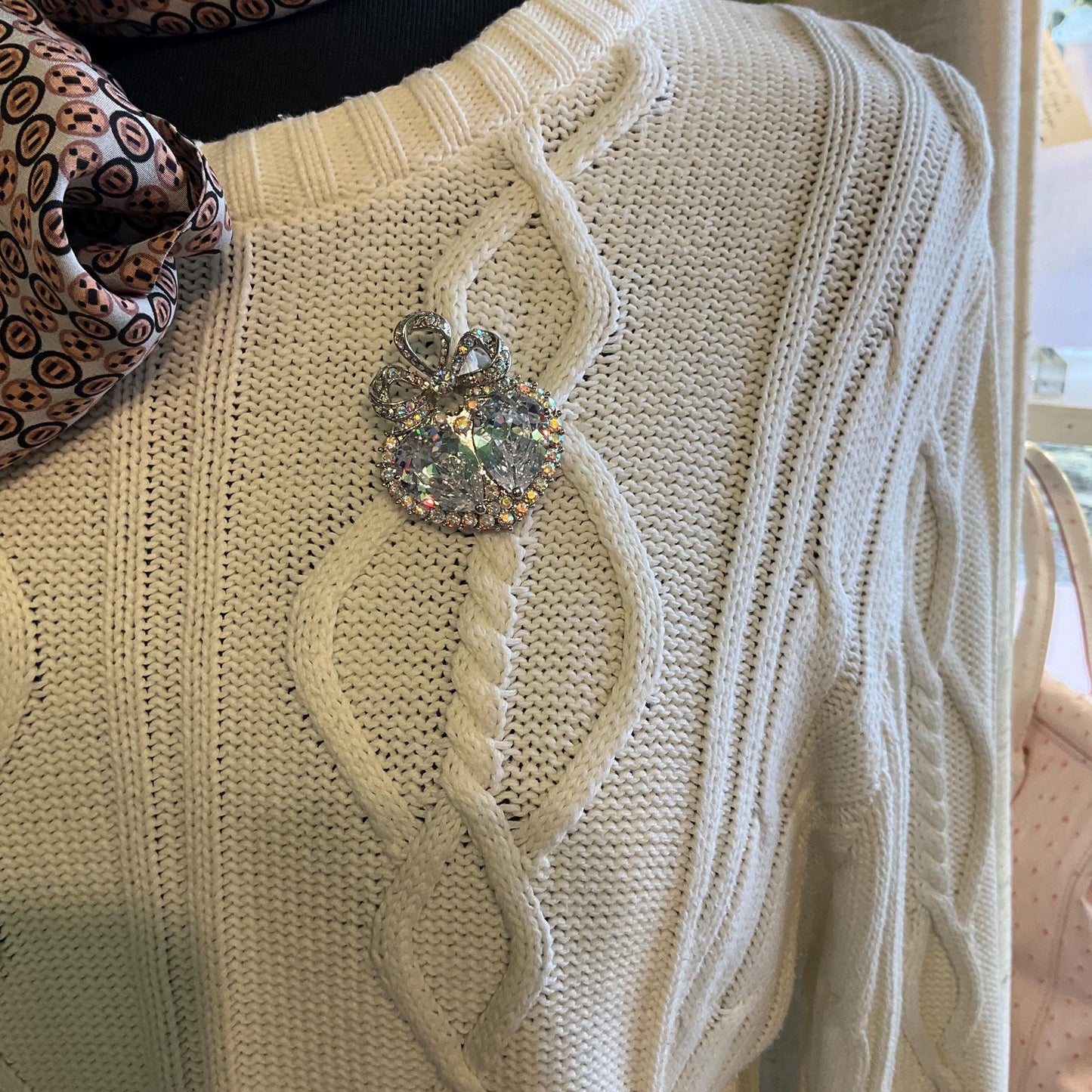 Vintage Butler and Wilson Large Crystal Heart and Bow Brooch , Silver tone with silver crystals and Aurora Borealis Rhinestones