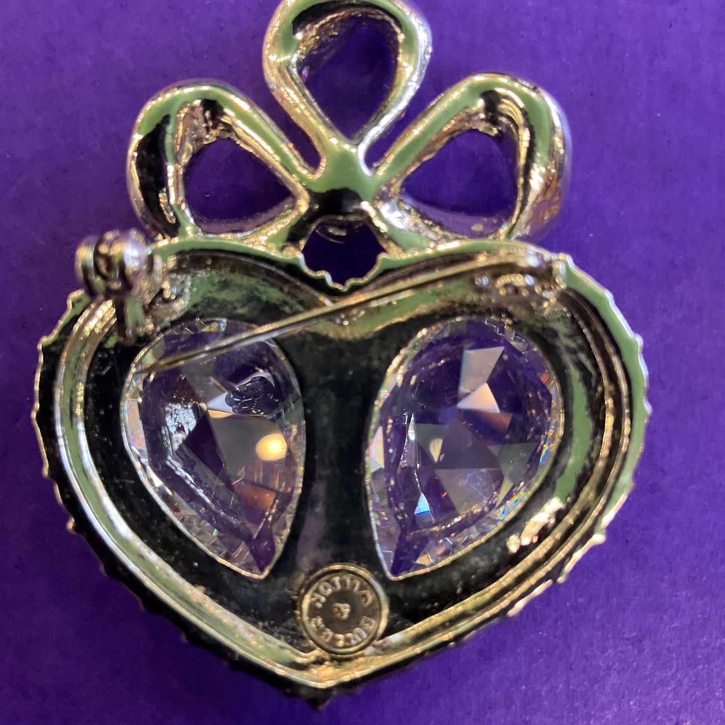 Vintage Butler and Wilson Large Crystal Heart and Bow Brooch , Silver tone with silver crystals and Aurora Borealis Rhinestones