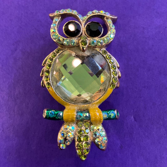 Vintage Butler and Wilson Crystal Owl Brooch, Gold Tone with Green Borealis Crystal and rhinestones