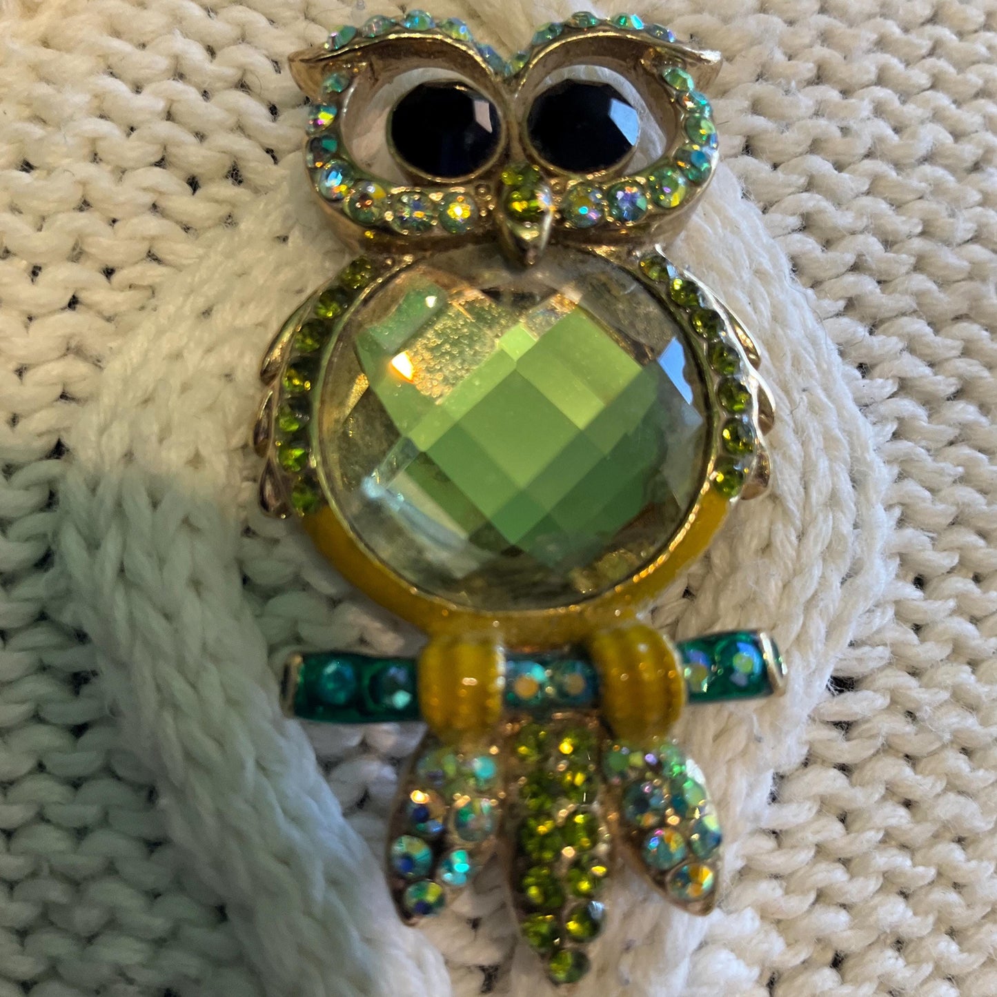 Vintage Butler and Wilson Crystal Owl Brooch, Gold Tone with Green Borealis Crystal and rhinestones