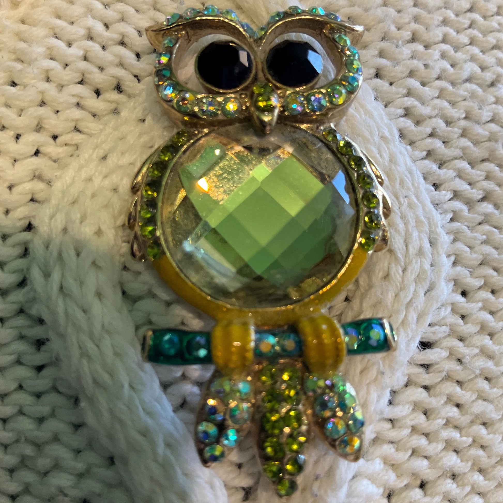 Vintage Butler and Wilson Crystal Owl Brooch, Gold Tone with Green Borealis Crystal and rhinestones