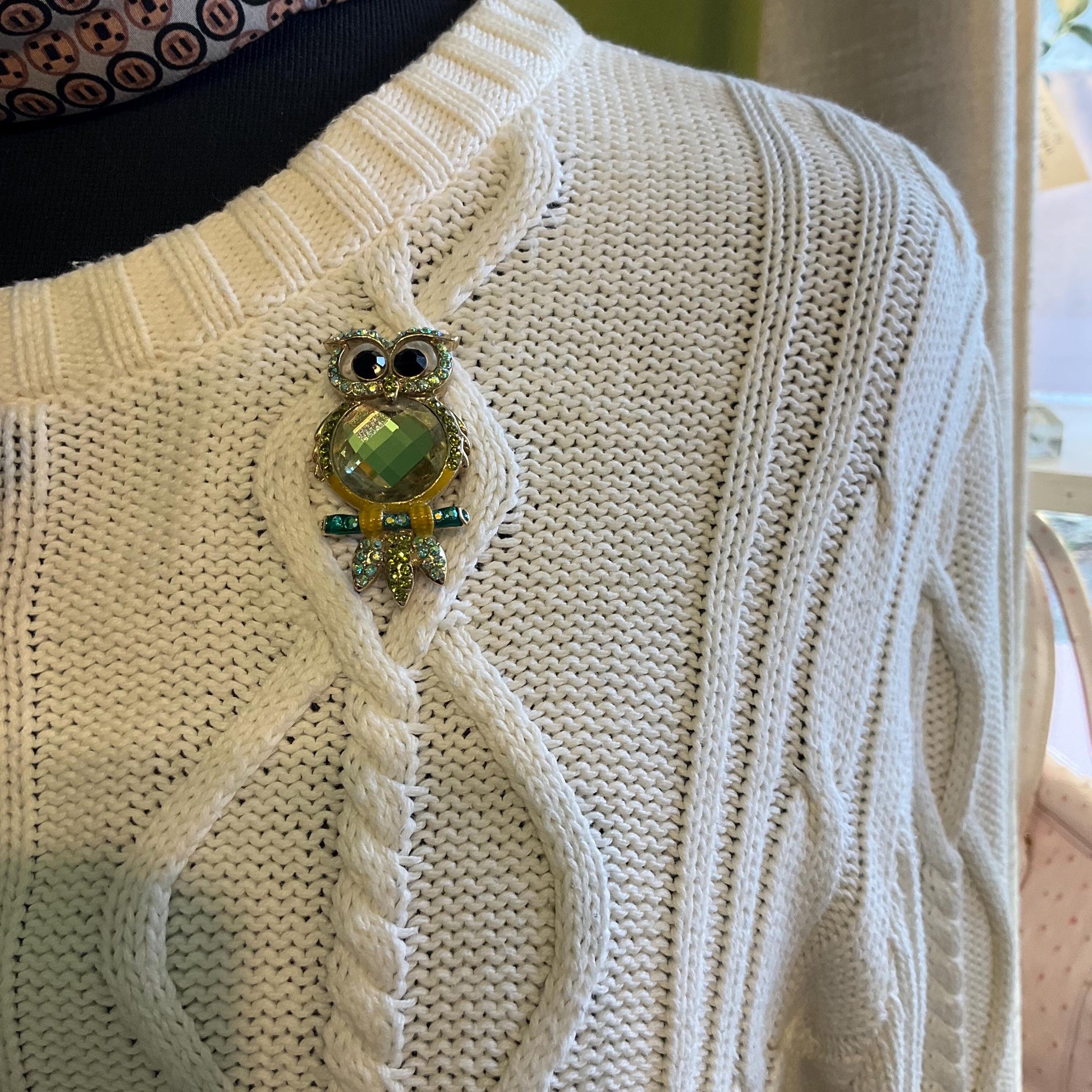 Vintage Butler and Wilson Crystal Owl Brooch, Gold Tone with Green Borealis Crystal and rhinestones